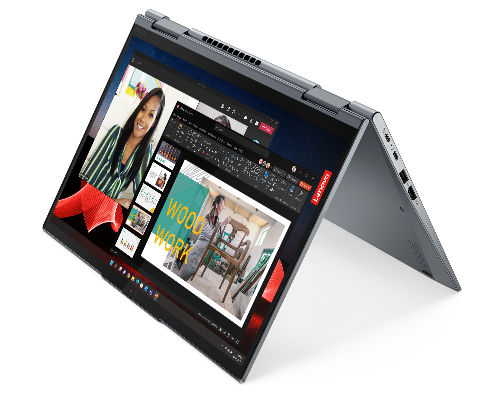 Angled view of the Lenovo ThinkPad X1 Yoga Gen 8 in tent mode