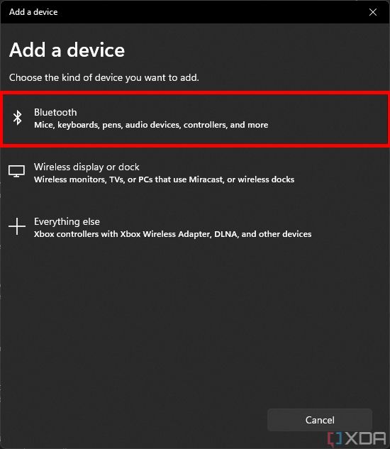 Screenshot of the "Add a device" dialog on Windows 11, letting users choose a Bluetooth device, wireless display, or another kind of device. The Bluetooth option is highlighted with a red border
