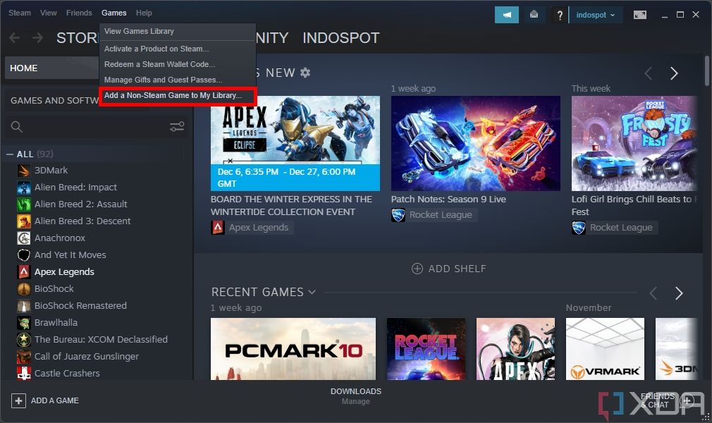 Screenshot of the Steam client with the Games dropdown menu open. Within this menu, an option labeled as "Add a Non-Steam Game to My Library" is highlighted with a red border.