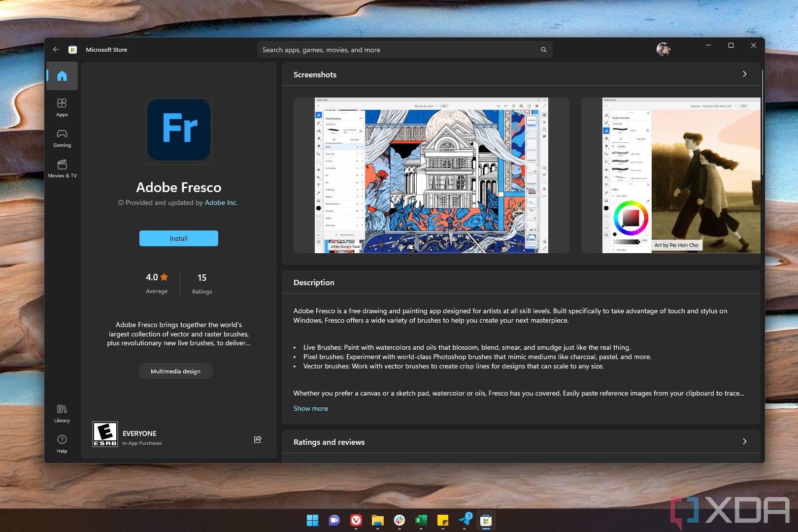 A screenshot of the Microsoft Store on Windows 11 displaying the product page for Adobe Fresco