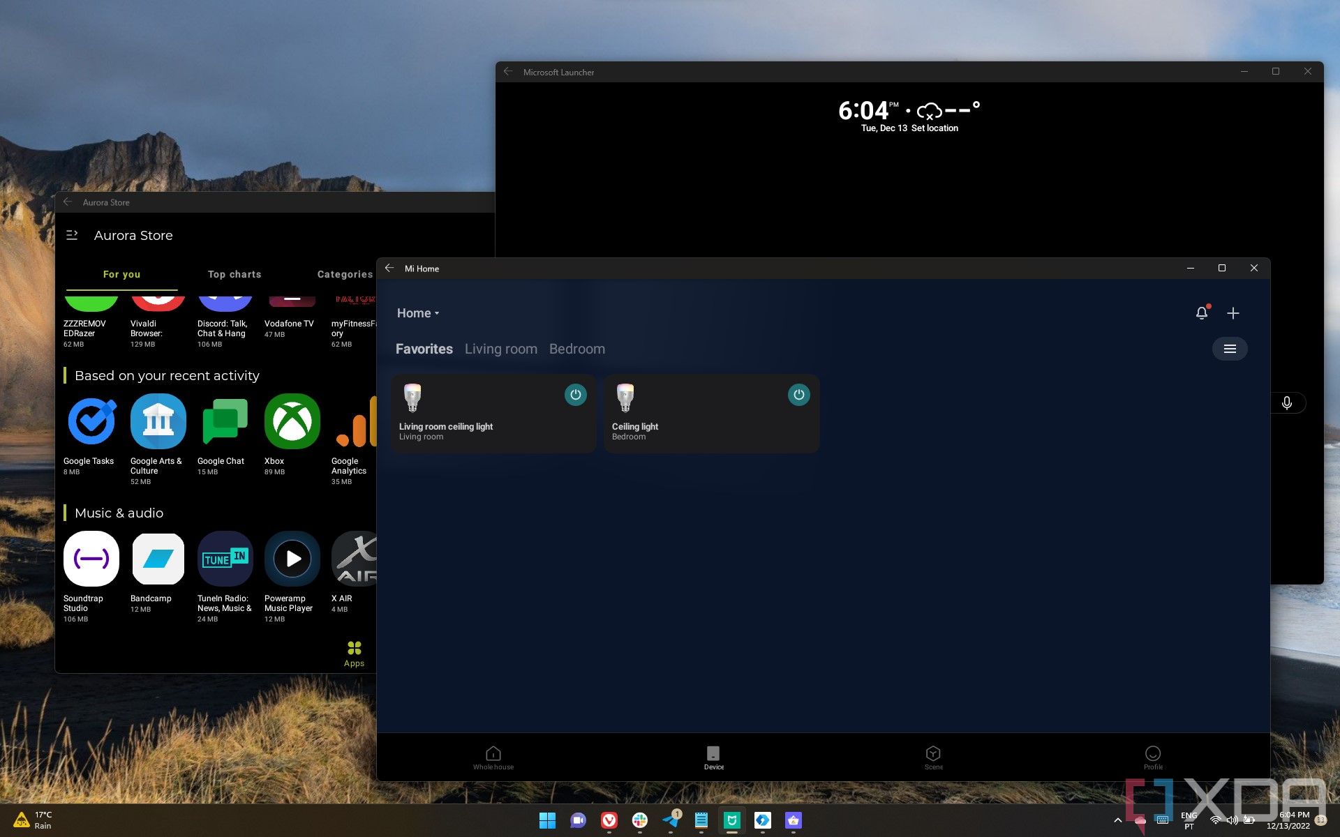A screenshot of a Windows 11 desktop with three Android apps running in separate windows. The apps are Microsoft Launcher, Aurora Store, and Mi Home