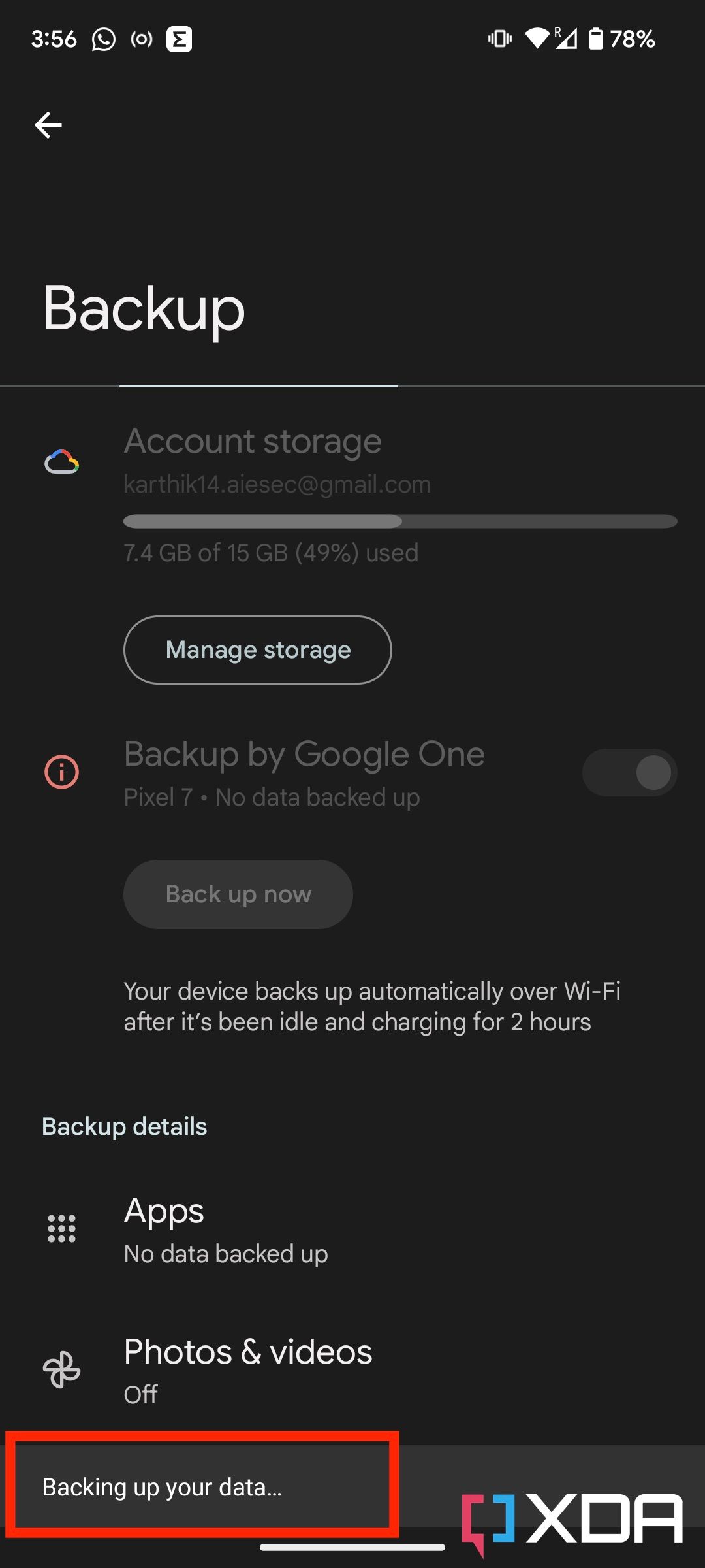 Backup progress page on Android 13