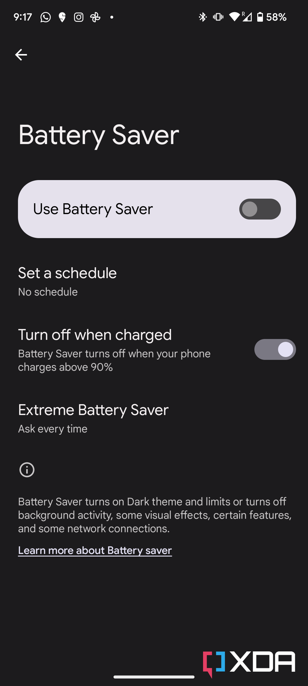A screenshot showing the battery saver modes on the pixel 7.