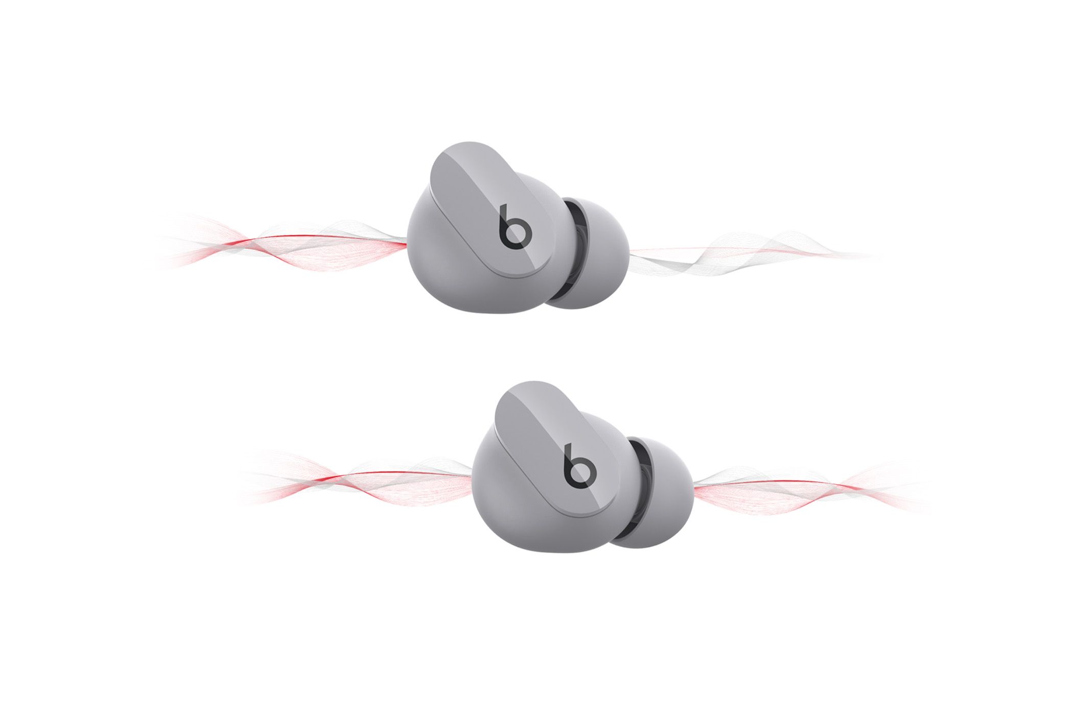 Beats Studio buds with wave graphic on white background.