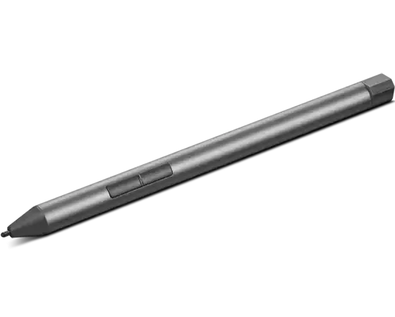 A digital stylus viewed at an angle, with two buttons on the side of the button and a thin plastic tip.