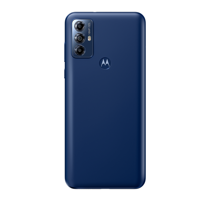 Back view of a blue Moto G Play 2023.