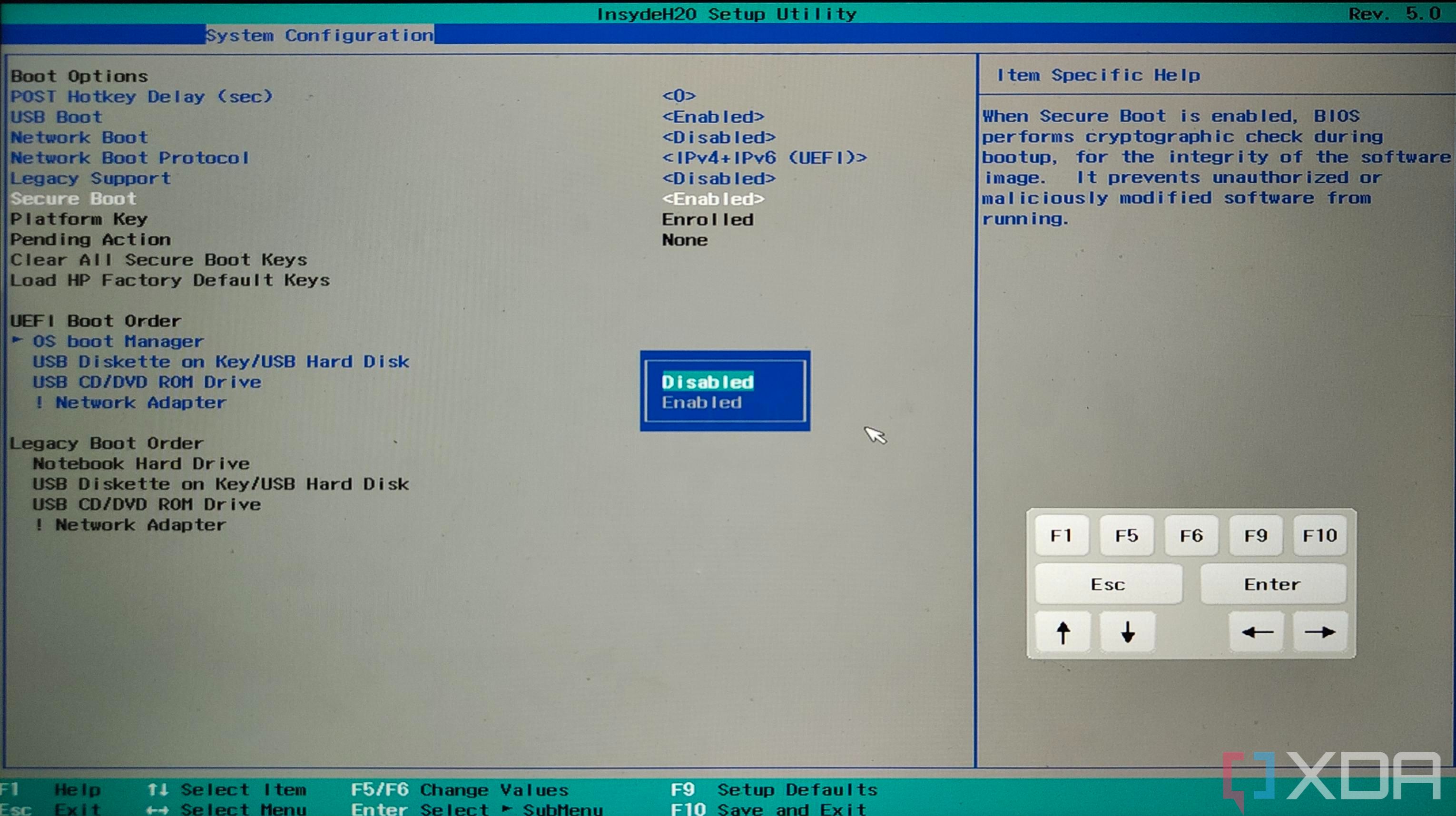 Скриншот настроек BIOS ПК с возможностью отключения безопасной загрузки