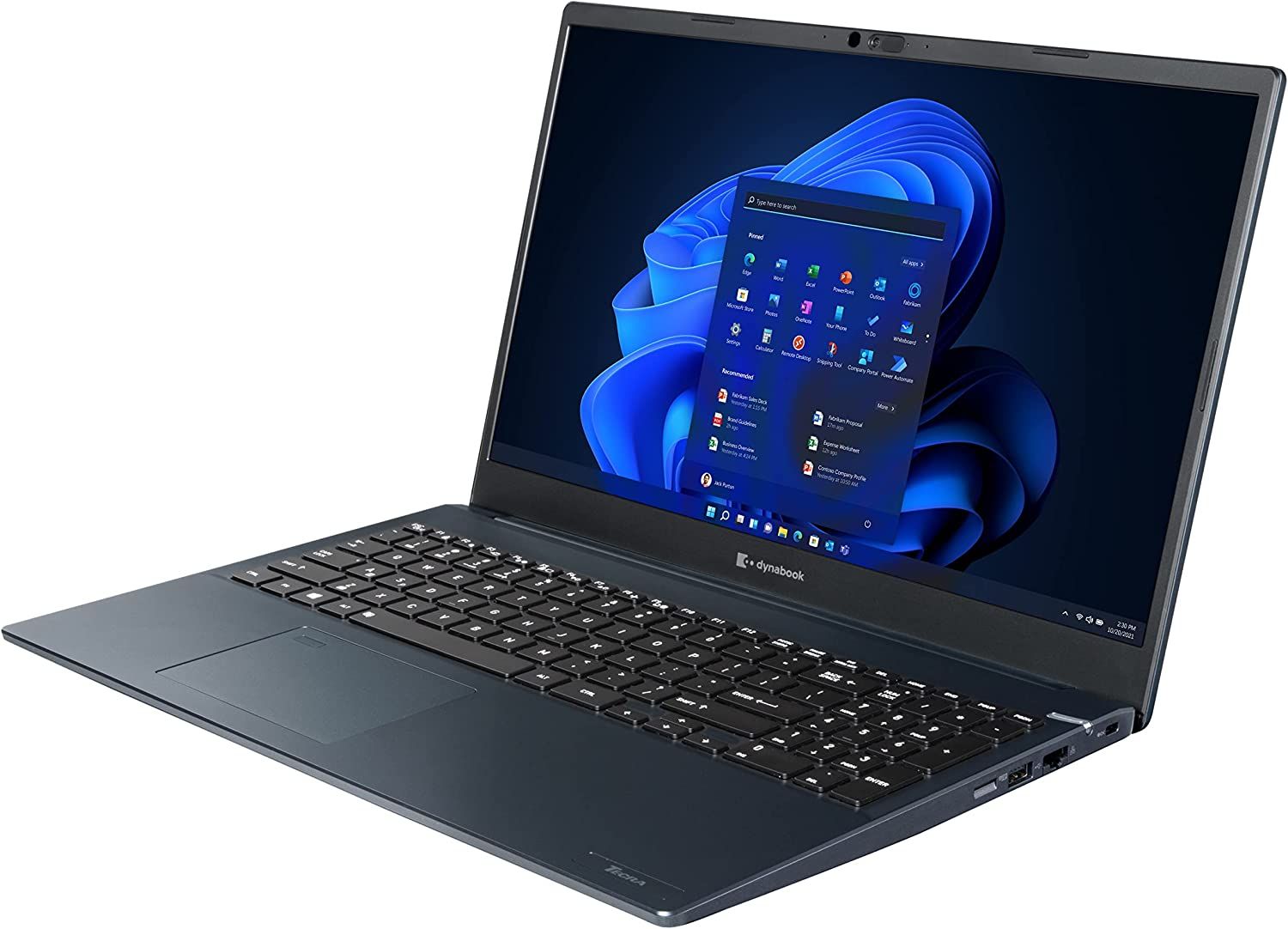 Angled front view of the Dynabook Tecra A50 laptop with the lid open at 100 degrees