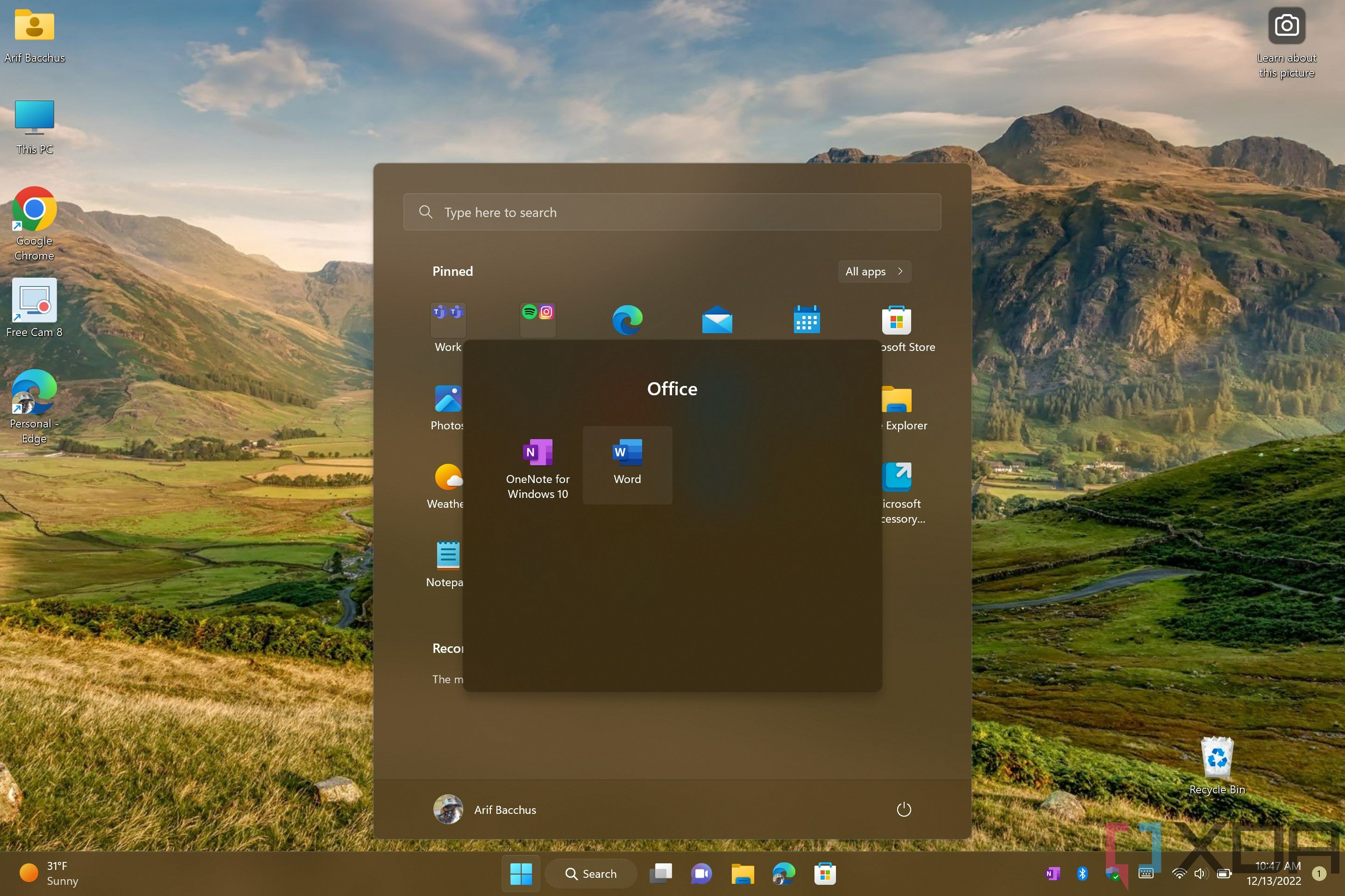 Folders appear on the Start menu in Windows 11 Office apps.