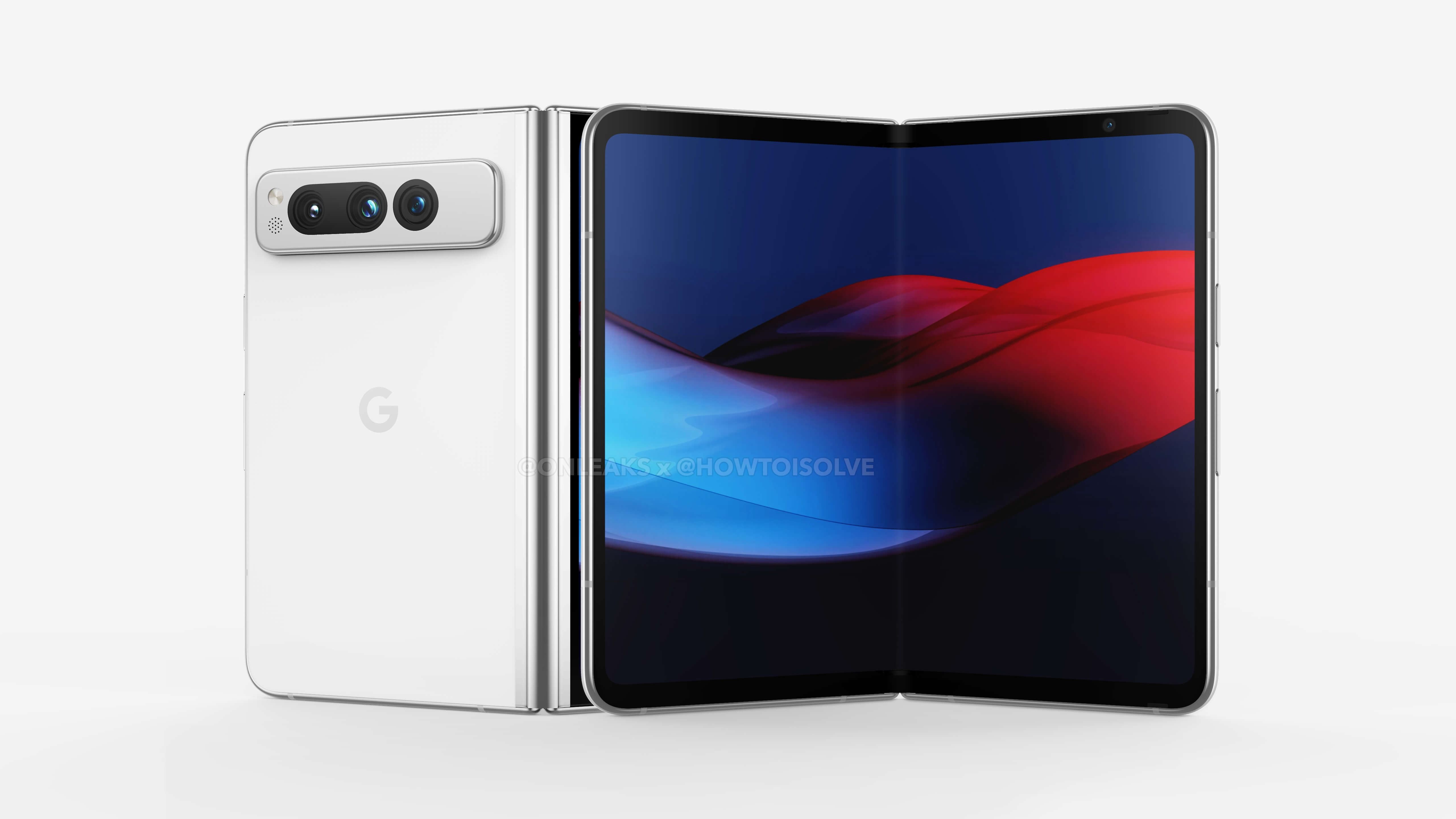 Leaked render of the Google Pixel Fold on cream colored background.