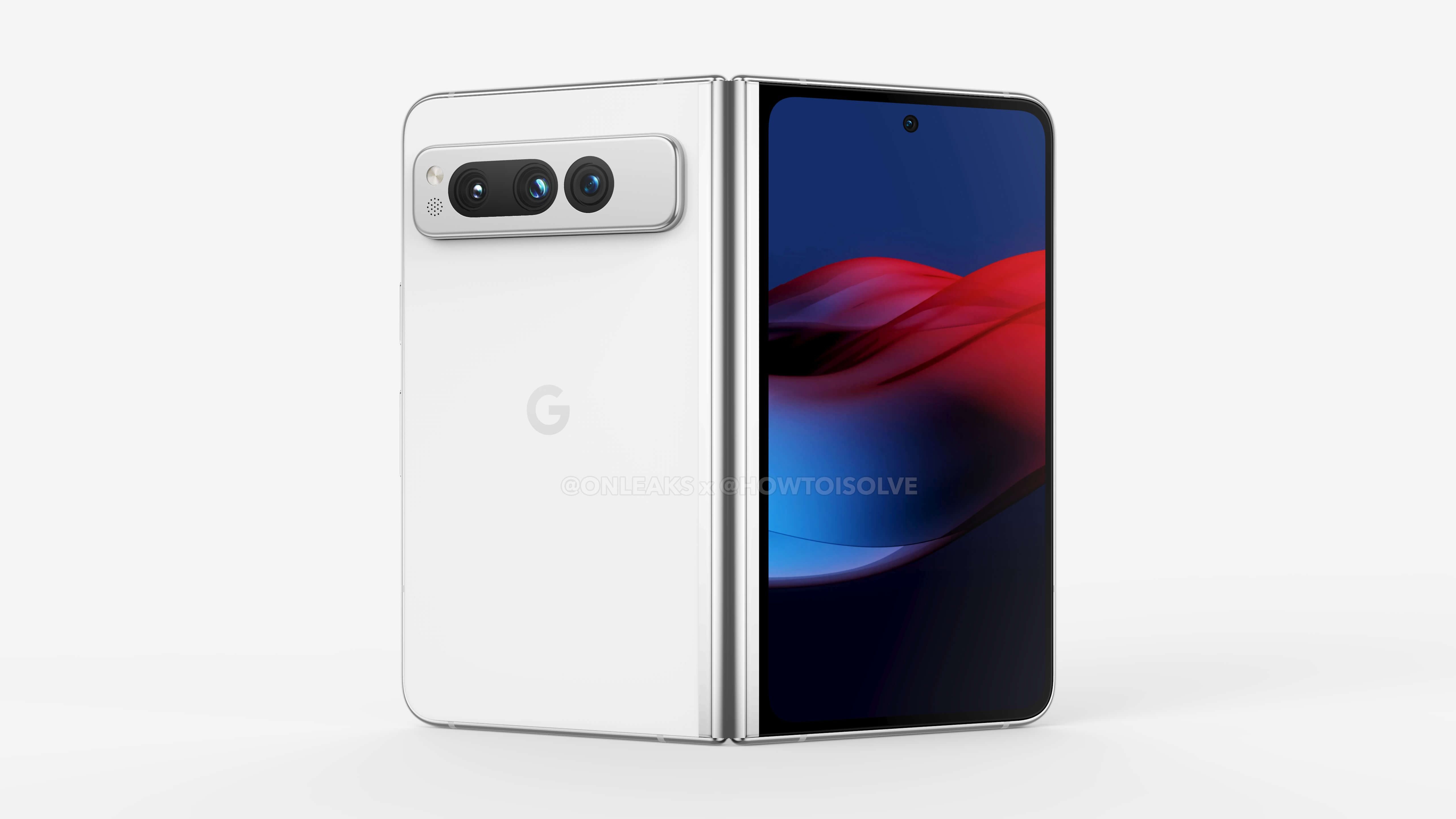 Leaked render of the Google Pixel Fold on a cream-colored background.