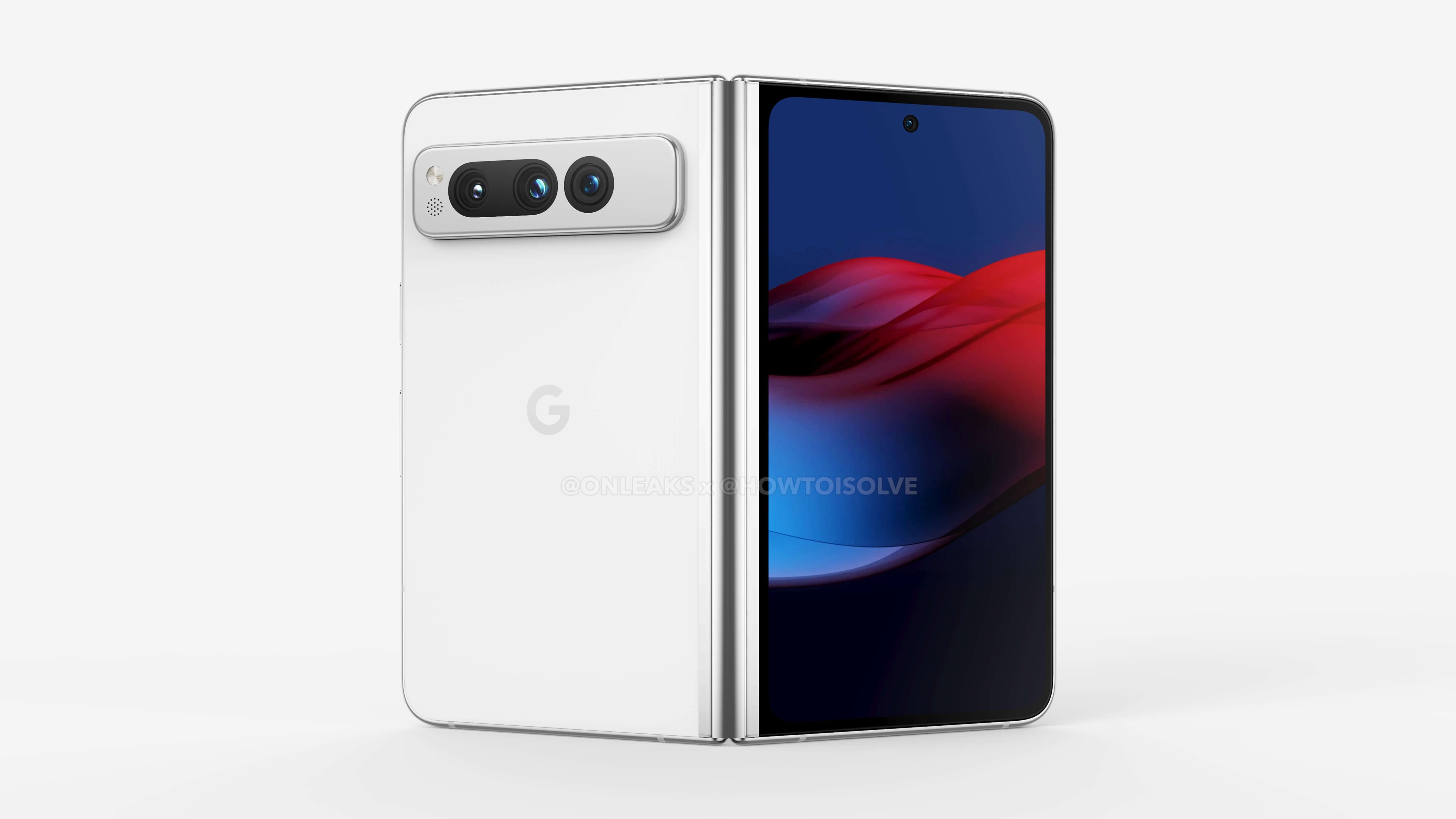 Leaked render of the Google Pixel Fold on cream colored background.