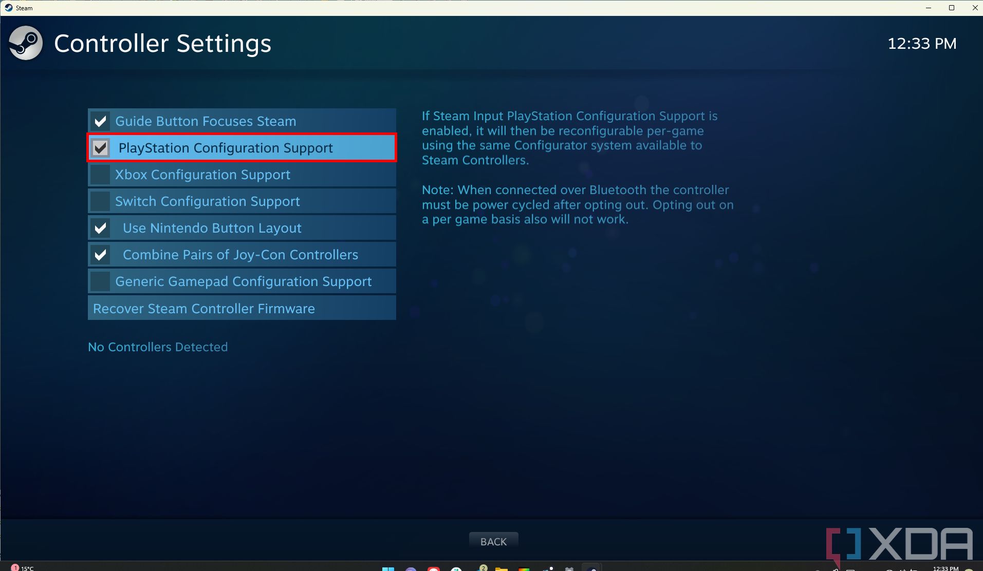 Screenshot of the Steam controller settings window with PlayStation configuration support enabled and highlighted with a red border.