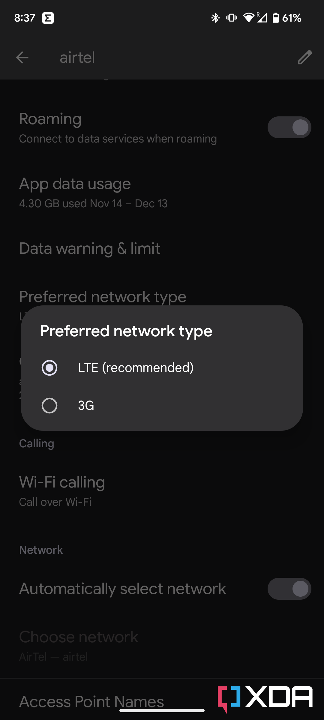 A screenshot showing the preferred network setting page on pixel 7.