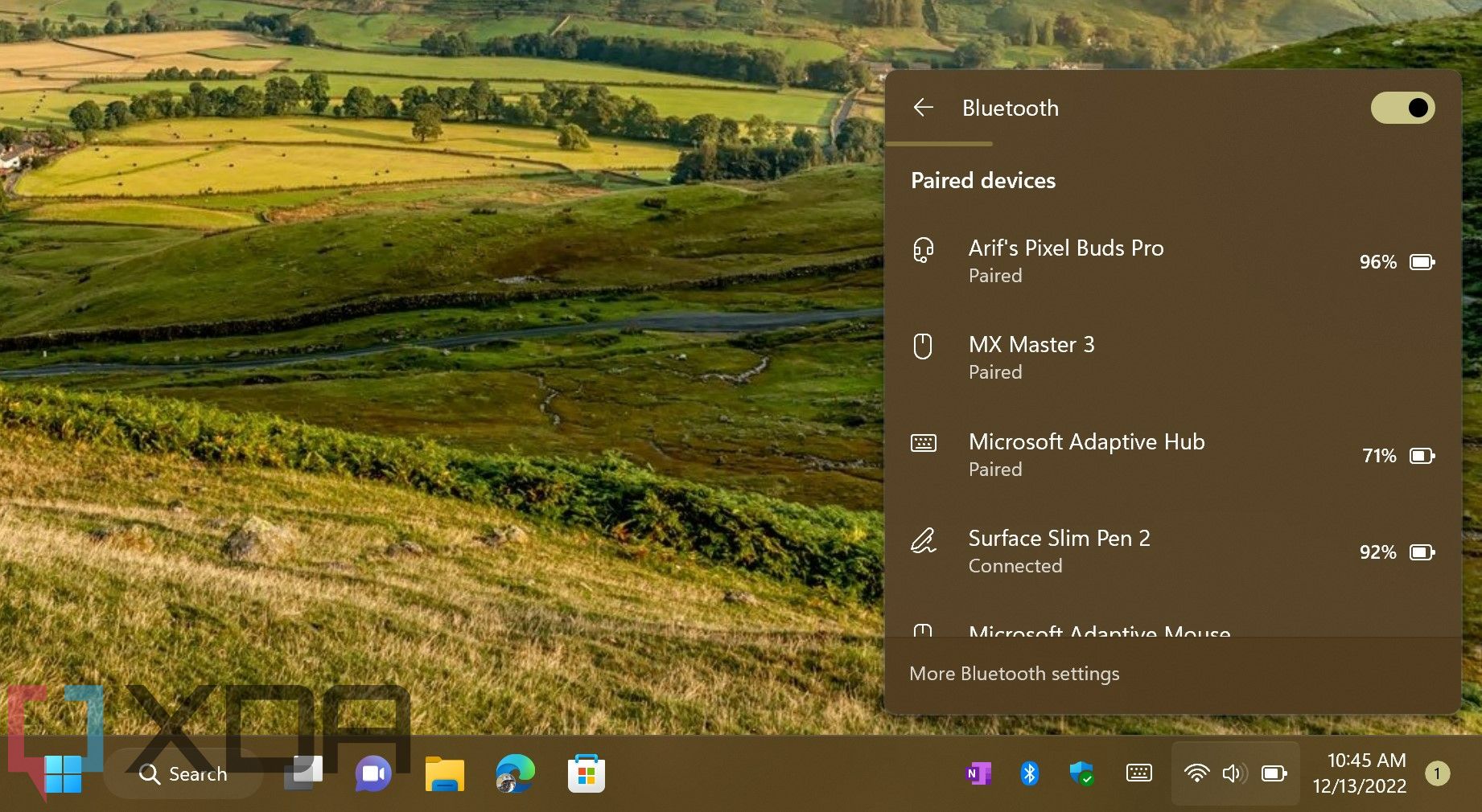 The Quick Settings pop-out menu with Bluetooth devices in Windows 11