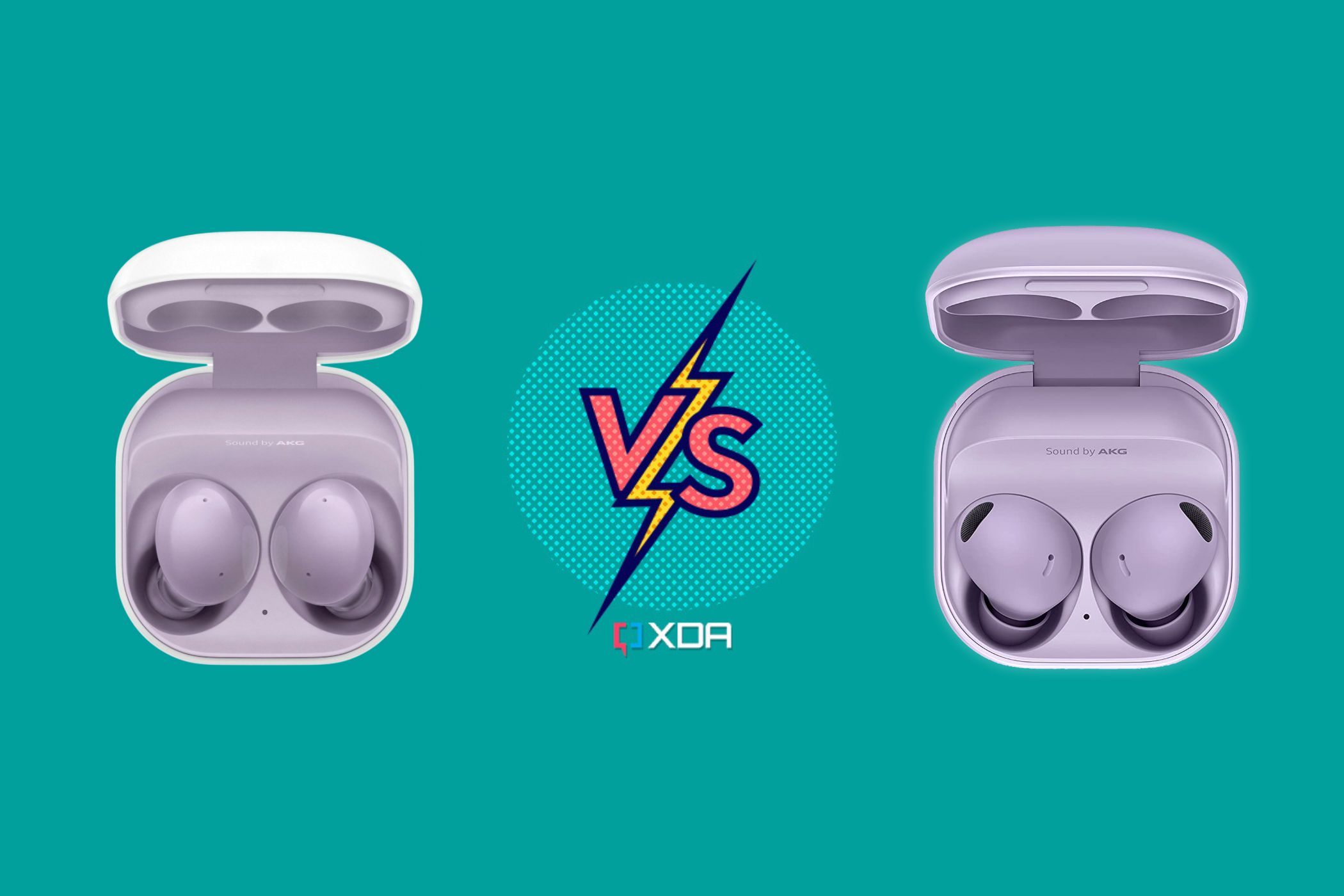 An image showing the Samsung Galaxy Buds 2 Pro and Galaxy Buds 2 earbuds with the versus illustration in the middle.