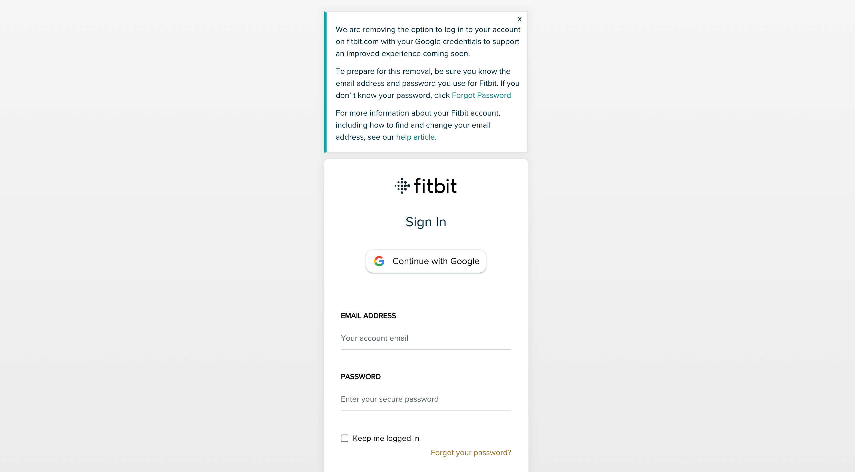 Fitbit Google Account warning message