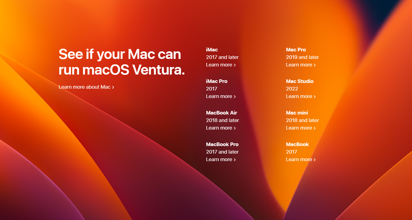 Screenshot of a list of Mac computers that support upgrading to macOS Ventura