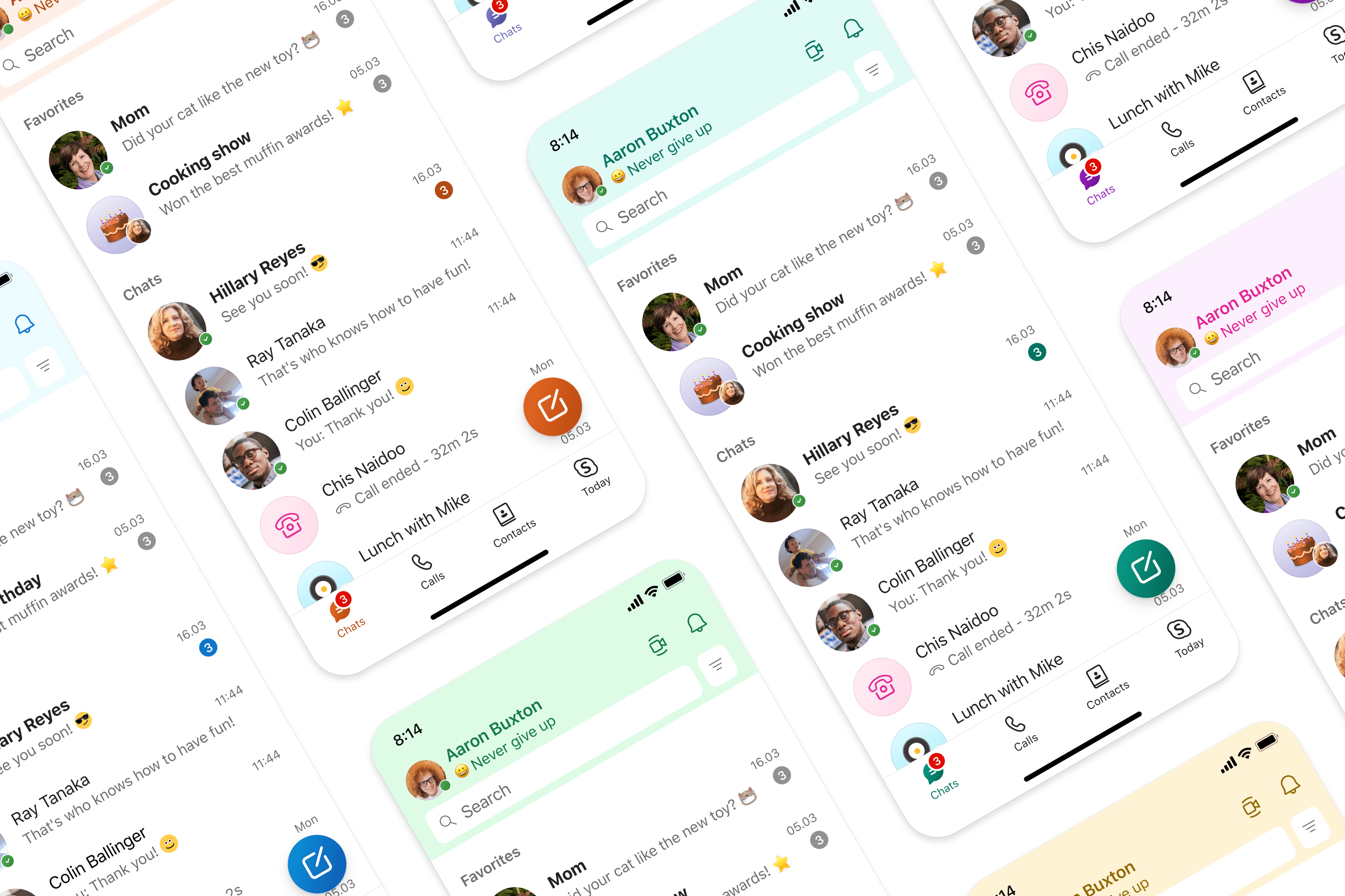 Various screenshots of the Skype mobile app showing more colorful themes, including colored headers