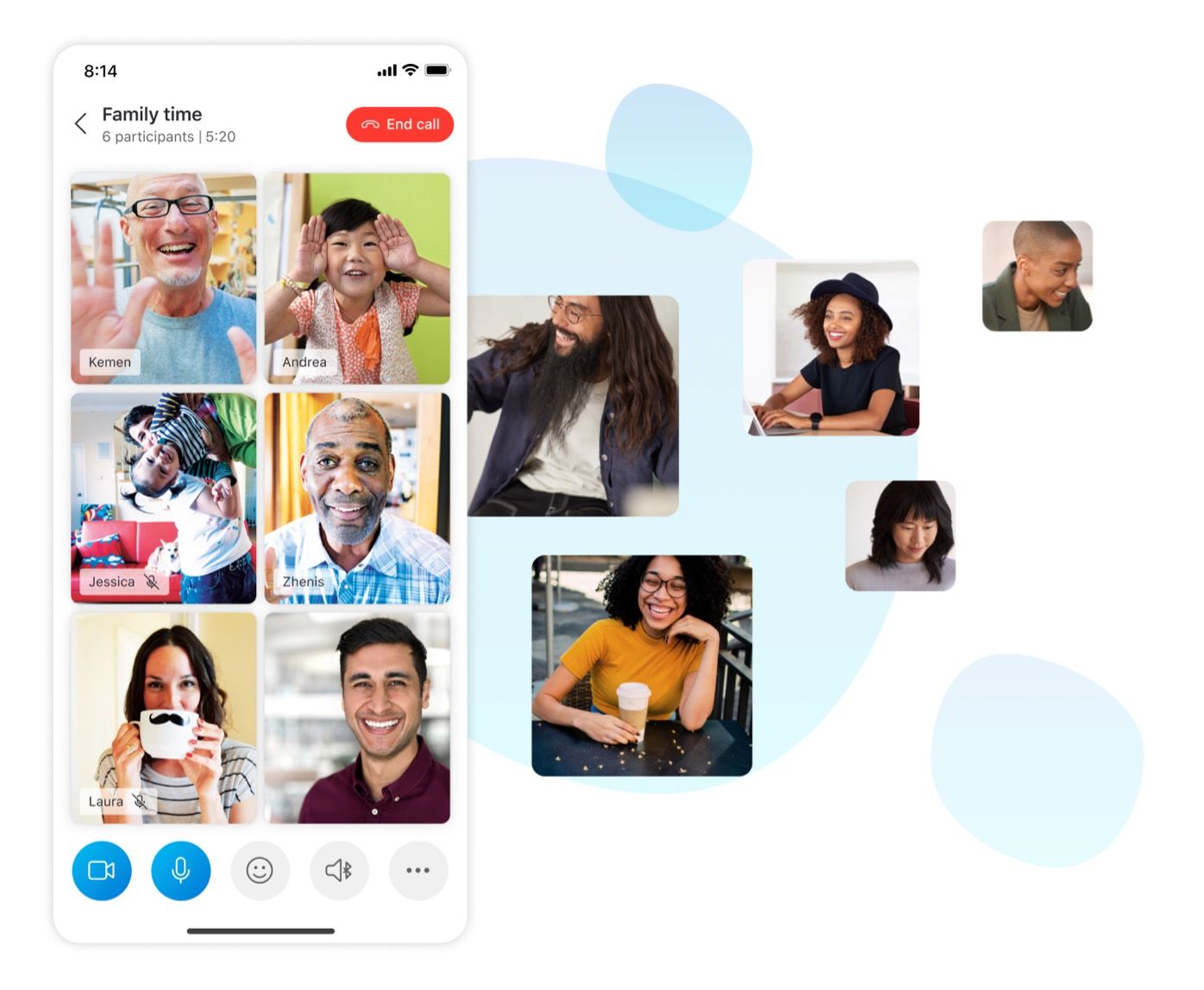 Ein Screenshot der Anrufphase in der mobilen Skype-App neben Video-Feeds von anderen Benutzern, der die Fähigkeit der App darstellt, das Layout anzupassen, wenn mehr Benutzer Video aktivieren