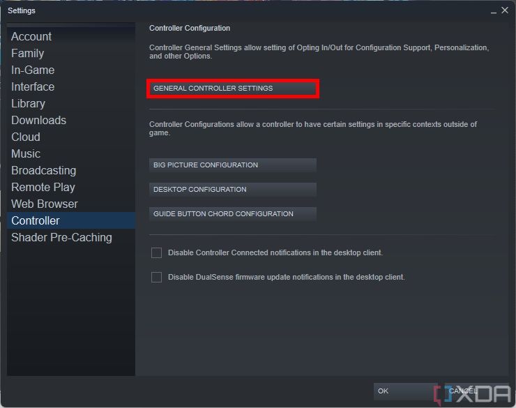 Screenshot of the Steam settings window open in the Controller section. The page displays various options, and the "General controller settings" button is highlighted with a red border