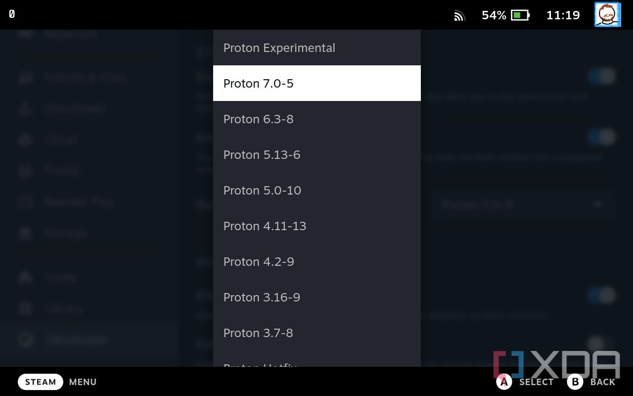 Interfaz de usuario de Steam Deck Proton