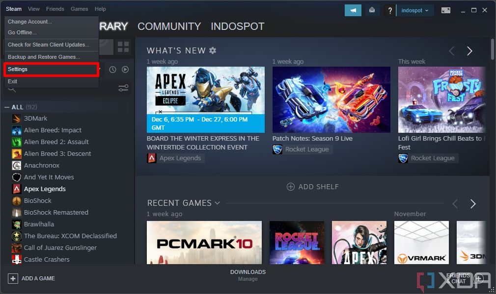 Screenshot of the Steam launcher with the Steam dropdown menu open in the top left corner. The Settings option in this menu is highlighted with a red border