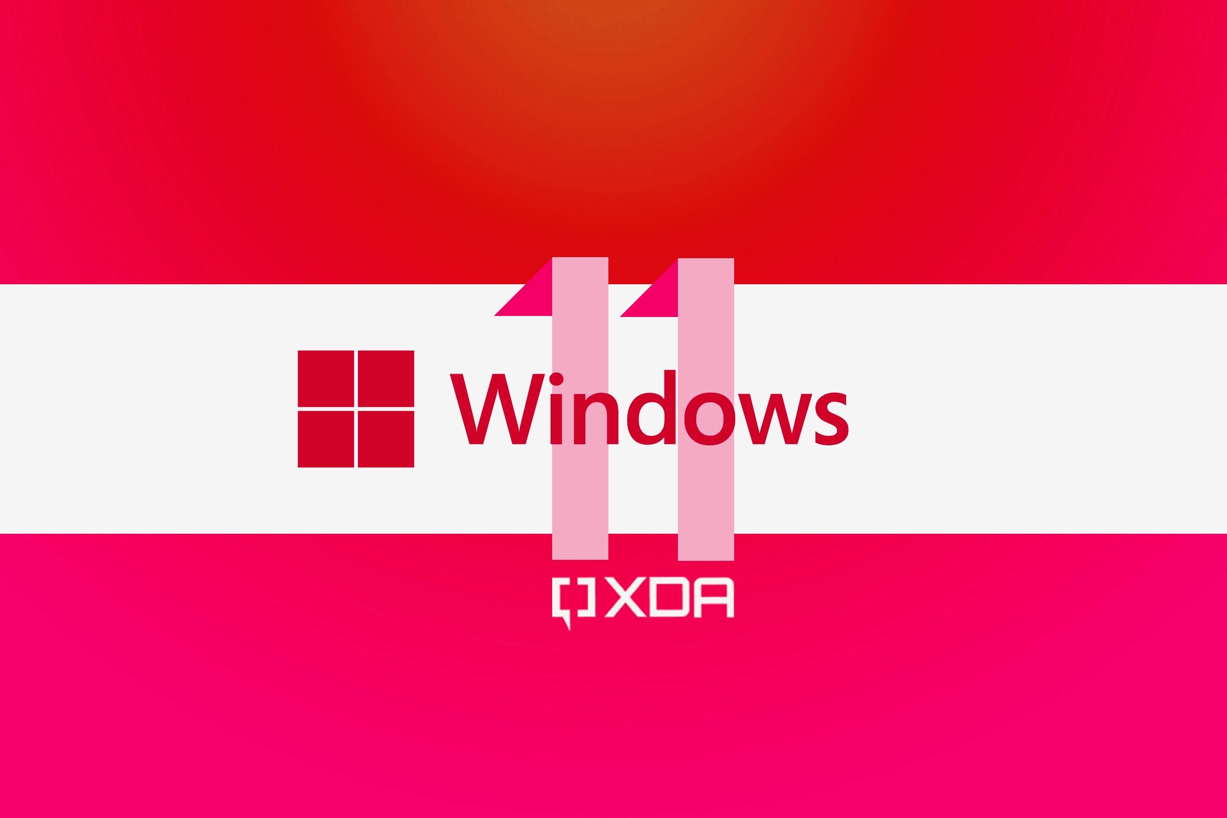 Логотип Windows красного цвета над цифрой 11 розового цвета с белым баннером за текстом. Над и под белым баннером виден красно-розовый градиент.