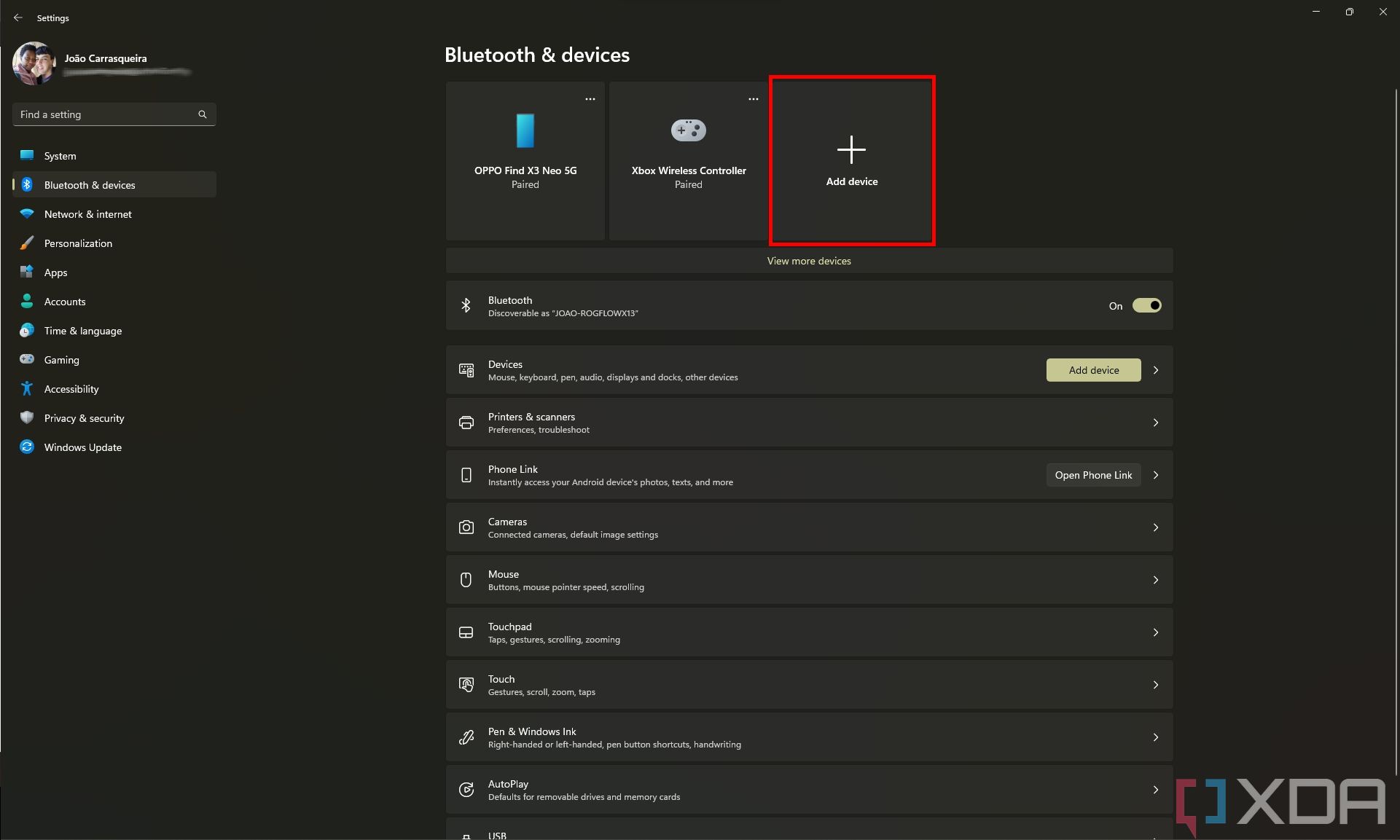 Screenshot of the Settings app in Windows 11 showing the Bluetooth & devices page. The Add device button near the top of the page is highlighted with a red border