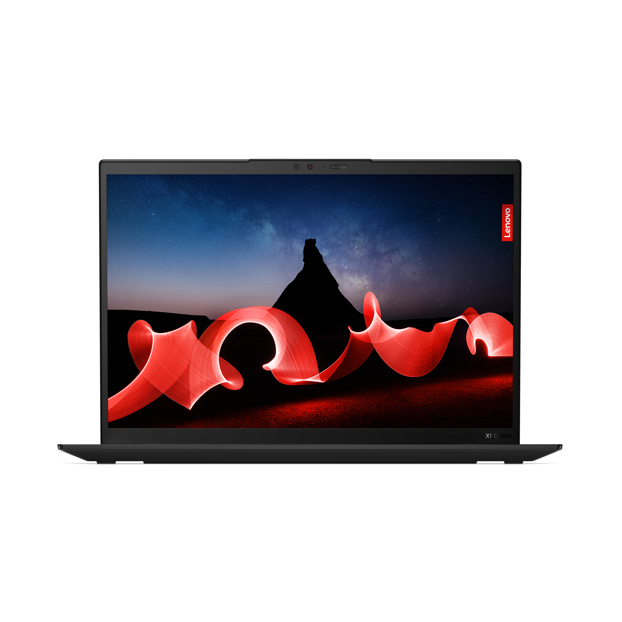 The ThinkPad X1 Carbon Gen 11 from the front showing a wallpaper.