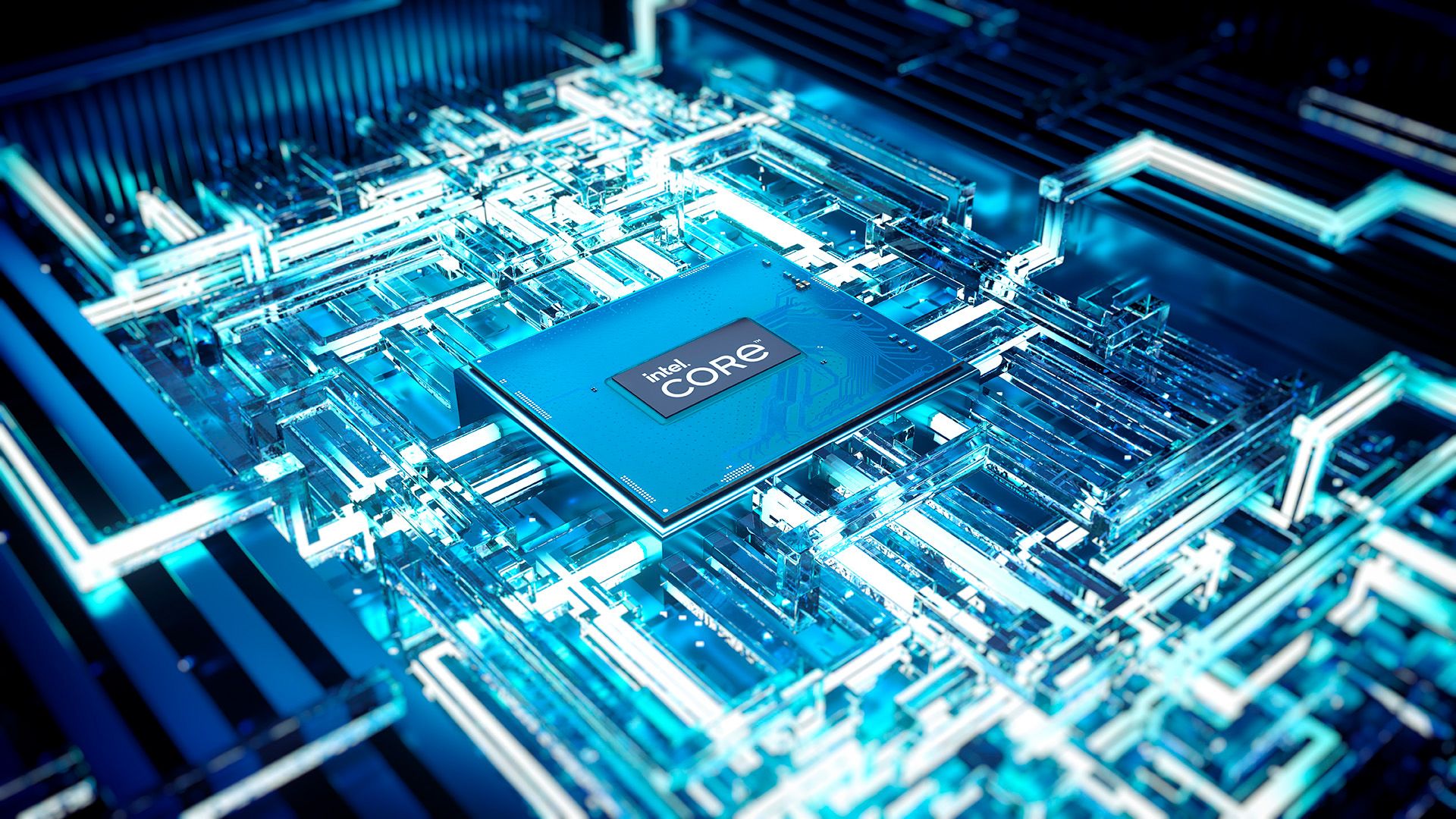 Intel Core processor on blue stylized background.