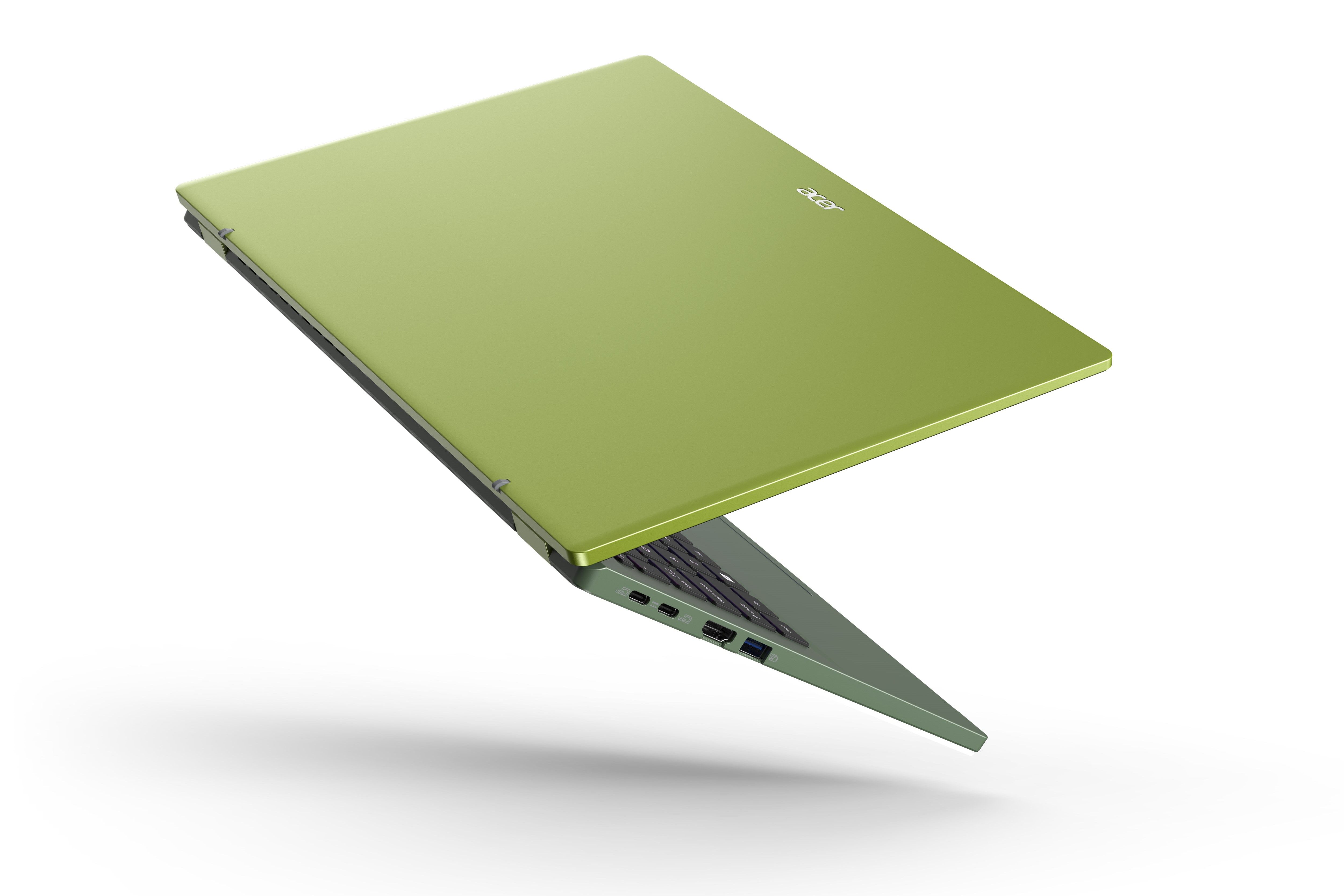 Angled front view of the Acer Swift Go 14 in a green colorway, with the lid open at roughly 60 degrees and the display facing right.