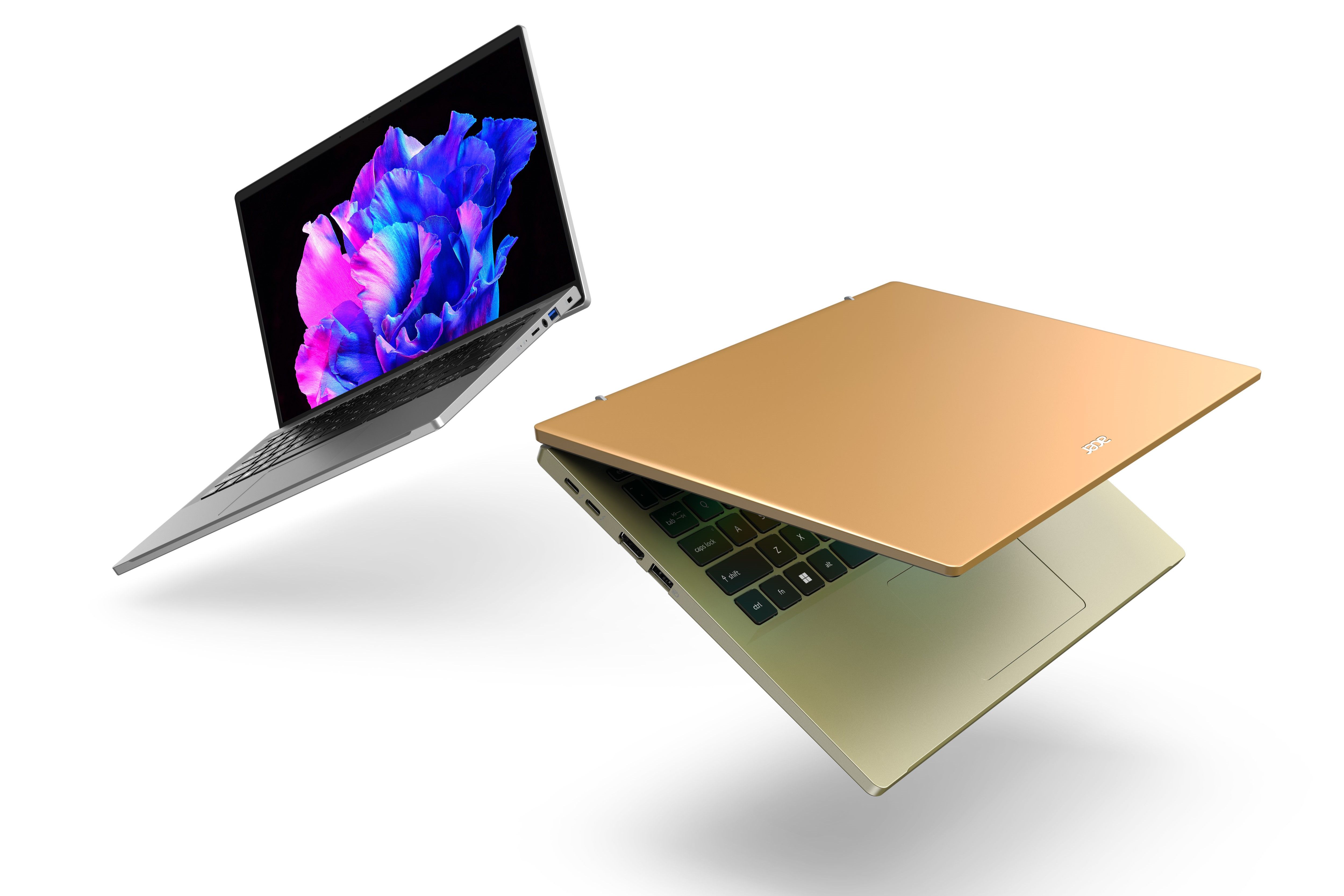 Two view of the Acer Swift Go 13. One is a silver-colored model with the lid open at about 100 degrees and facing left, while the other is a gold and orange model with the lid nearly closed and facing right.