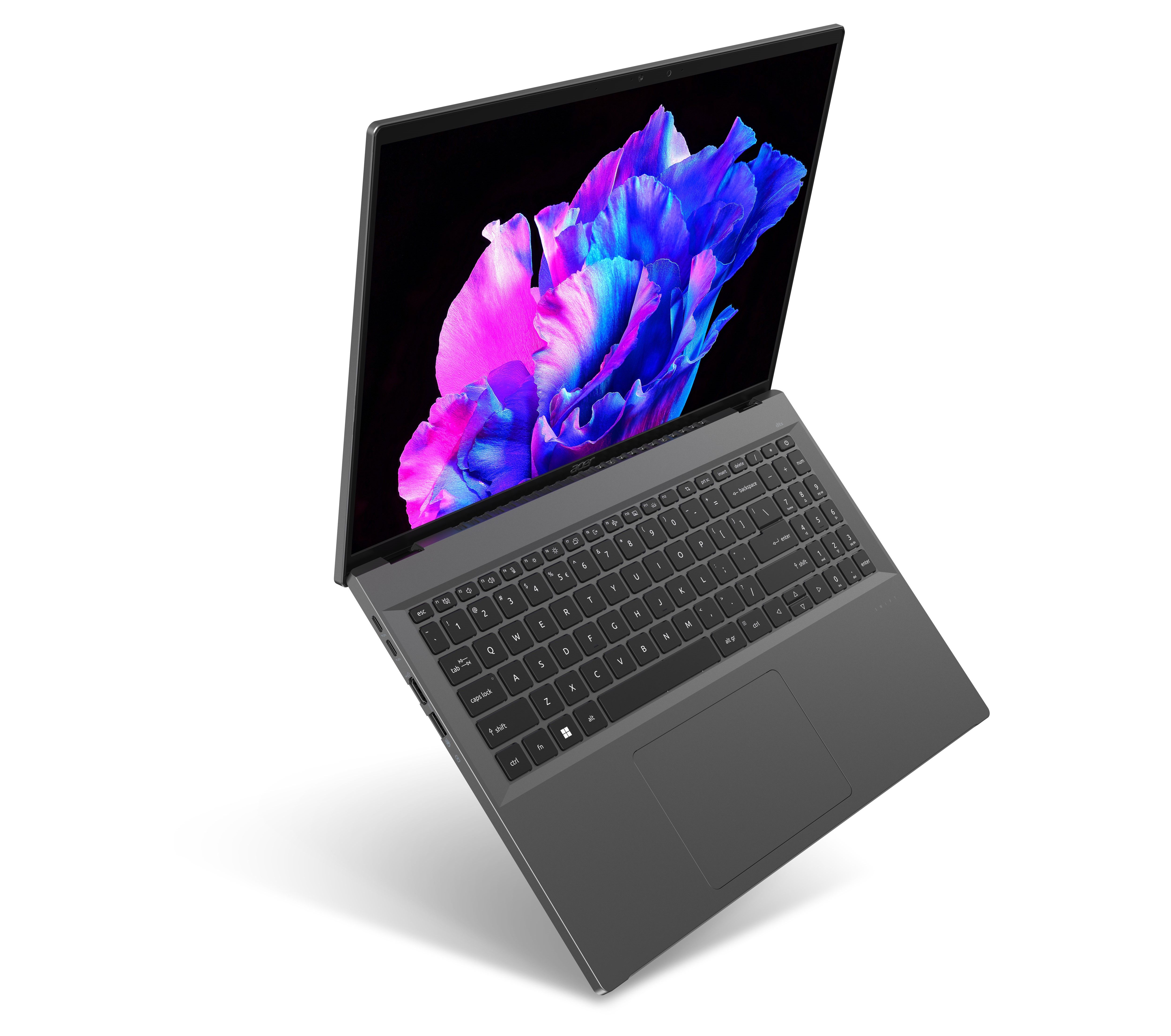 Angled view of the Acer Swift Go 16 facing right with the lid open at an 120-degree angle