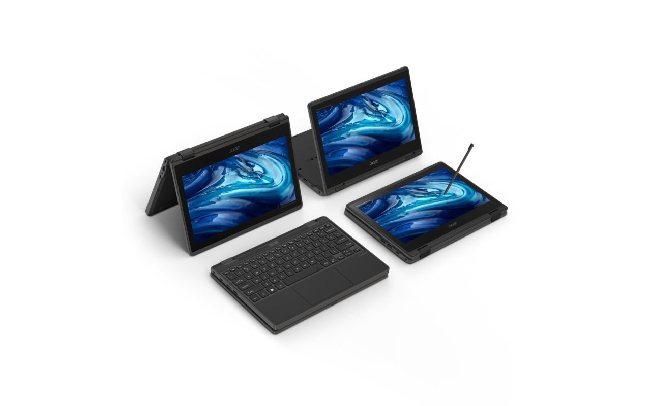 The Acer TravelMate B3 Spin 11 laptop in various modes, including tent, stand, and tablet
