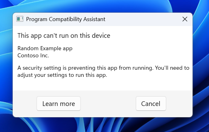 Screenshot of app compatibility dialog in Windows 11 build 25276