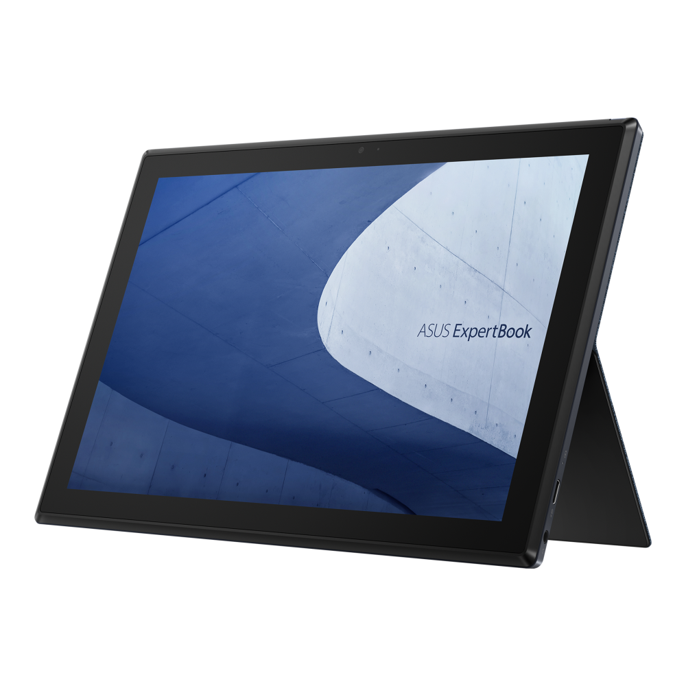 An Asus ExpertBook B3 Detachable tablet facing left and resting on the kickstand in landscape orientation