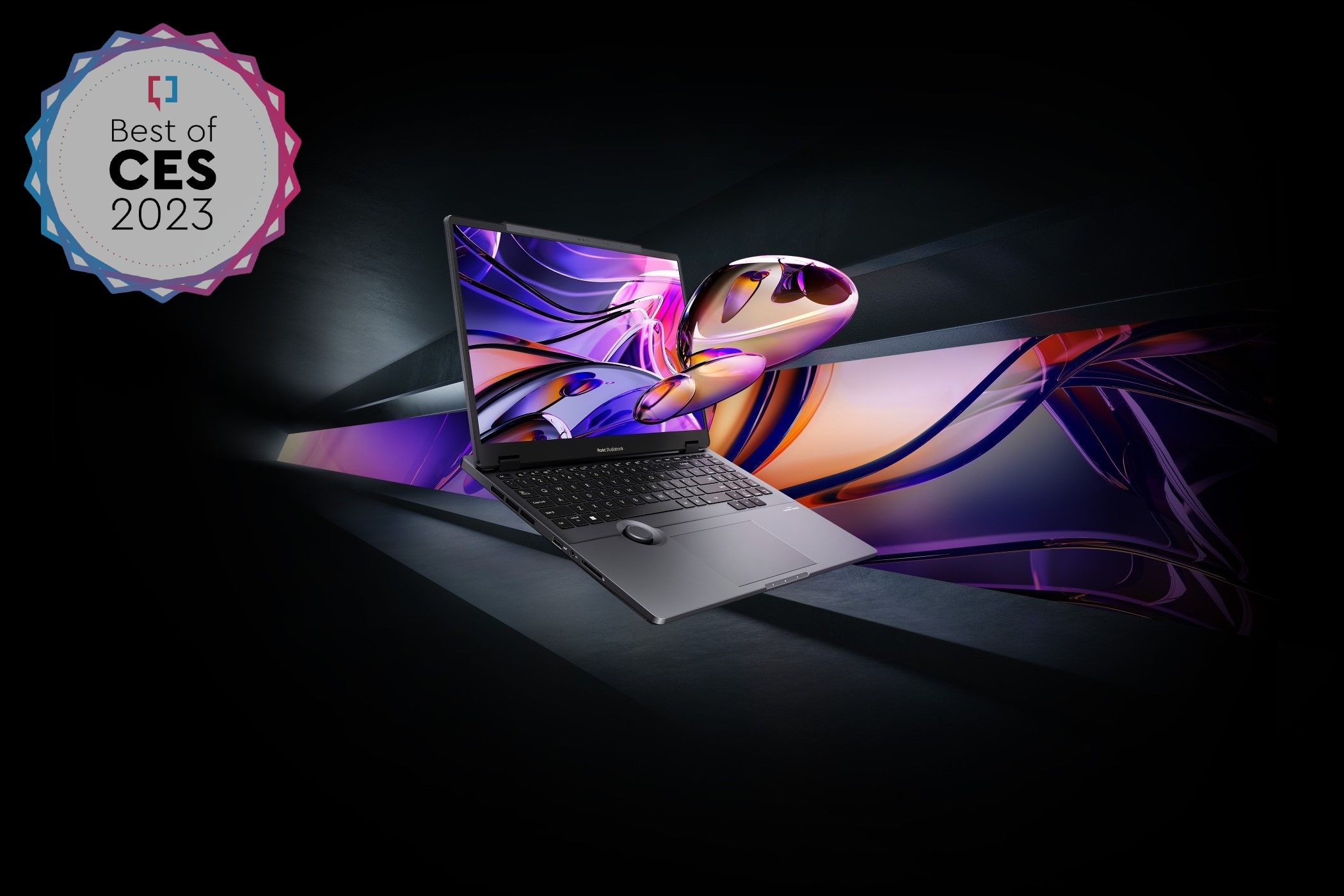 Angled front visualization of the Asus ProArt StudioBook 3D OLED laptop, with a simulated effect depciting 3D content popping out of the display. Overhead view of the Dell Premier Collaboration Keyboard with touch-based shortcuts for Zoom features. The top left corner of the image has a badge reading 