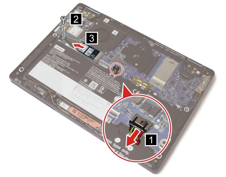 Illustration showing how to disconnect the battery from the motherboard and remove the SSD bracket on the Lenovo Yoga 6.