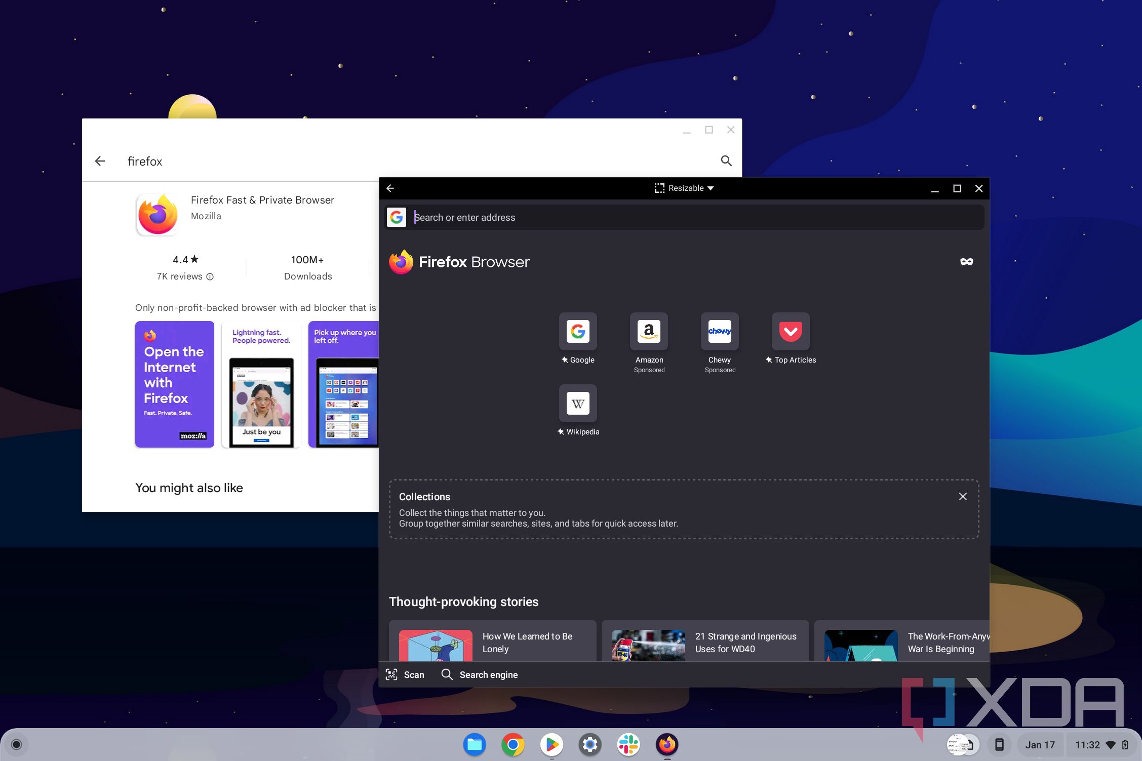 The Firefox Android app running on a Chromebook