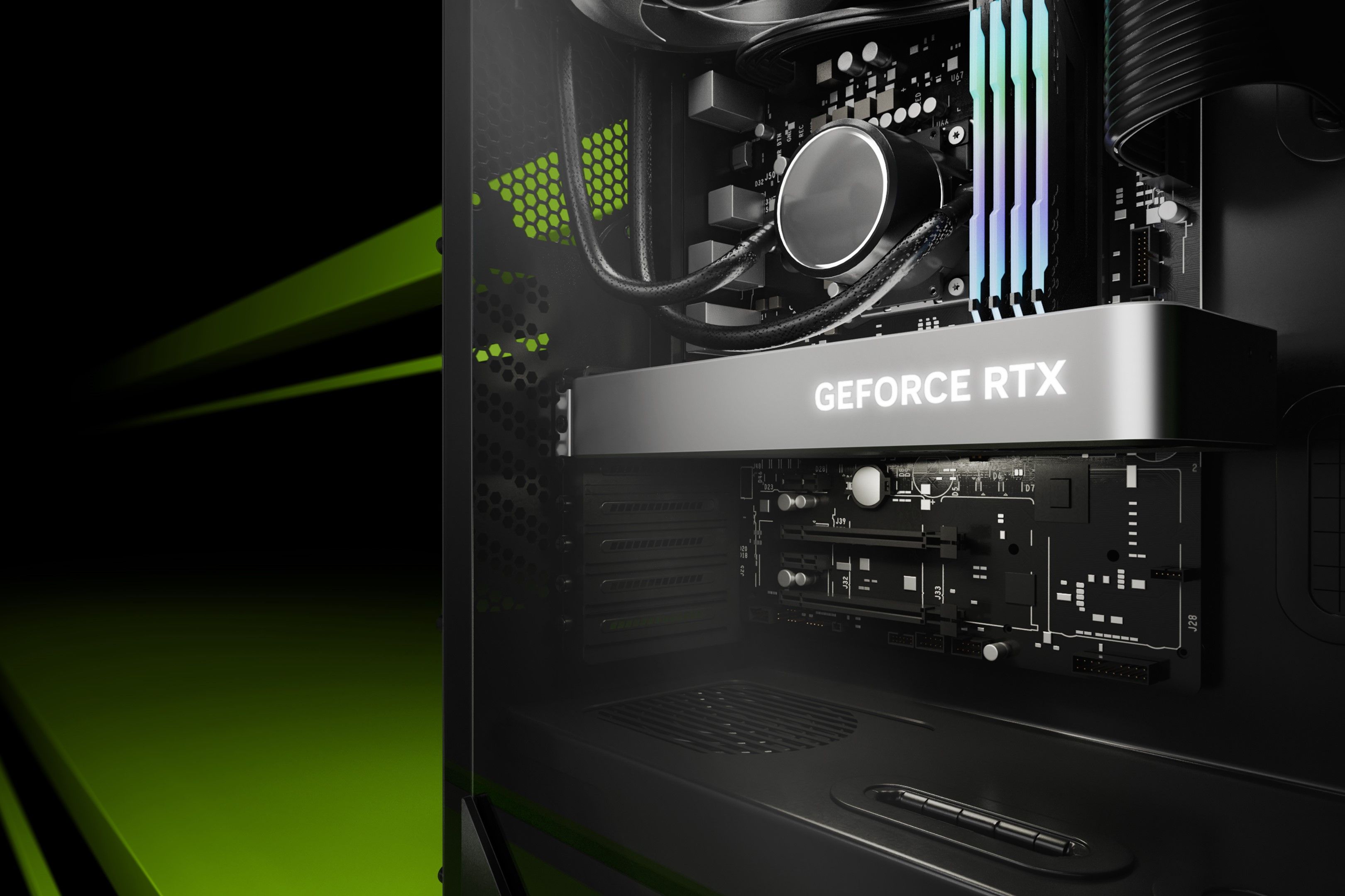 An Nvidia GeForce RTX GPU inside a desktop PC case