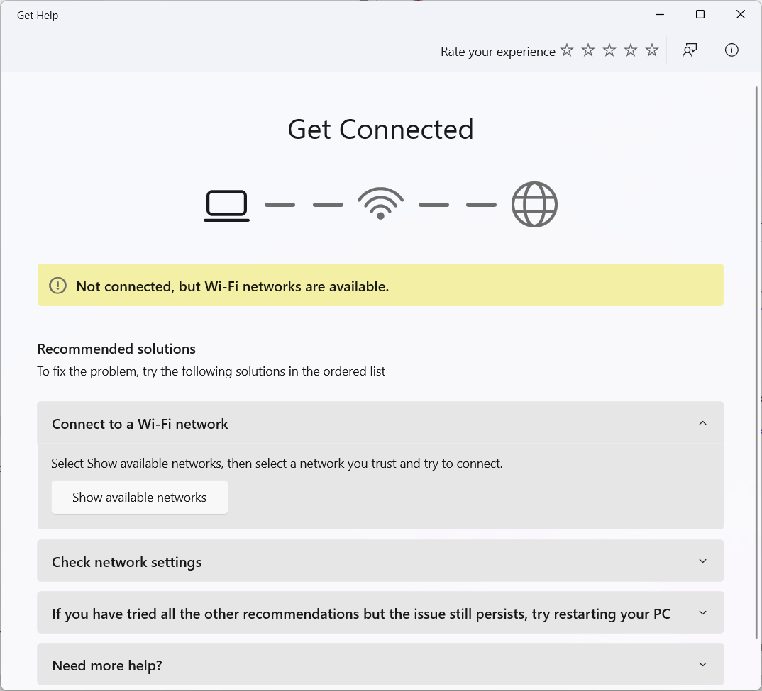 Screenshot of the network troubleshooting experience in the Get Help app for Windows 11