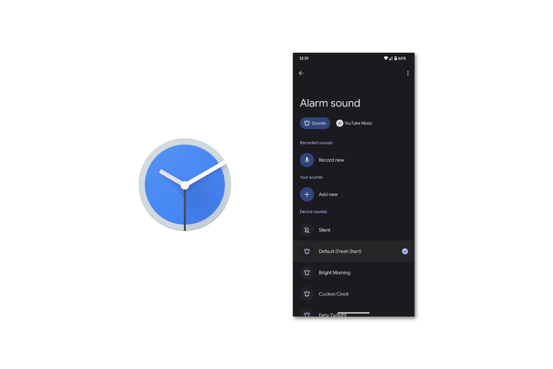 Google Clock app icon next to screenshot showing Alarm sound settings on white background.