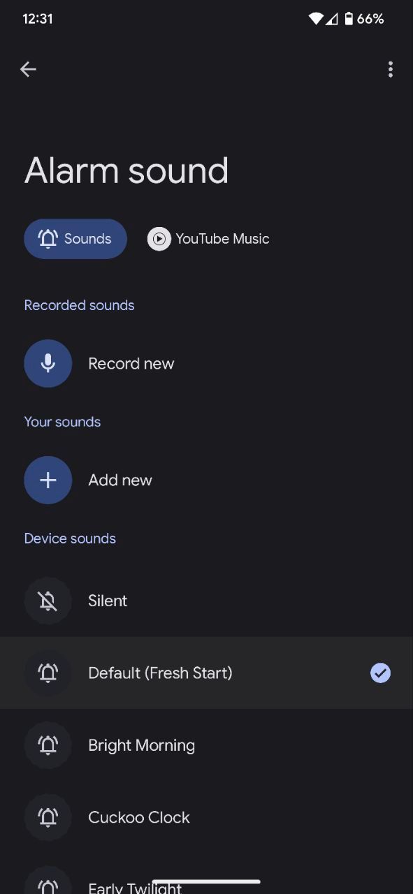 Google Clock app screenshots showing new Record new option in Alarm and Timer sound settings1