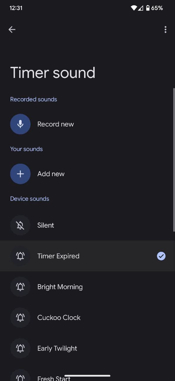 Google Clock app screenshots showing new Record new option in Alarm and Timer sound settings2