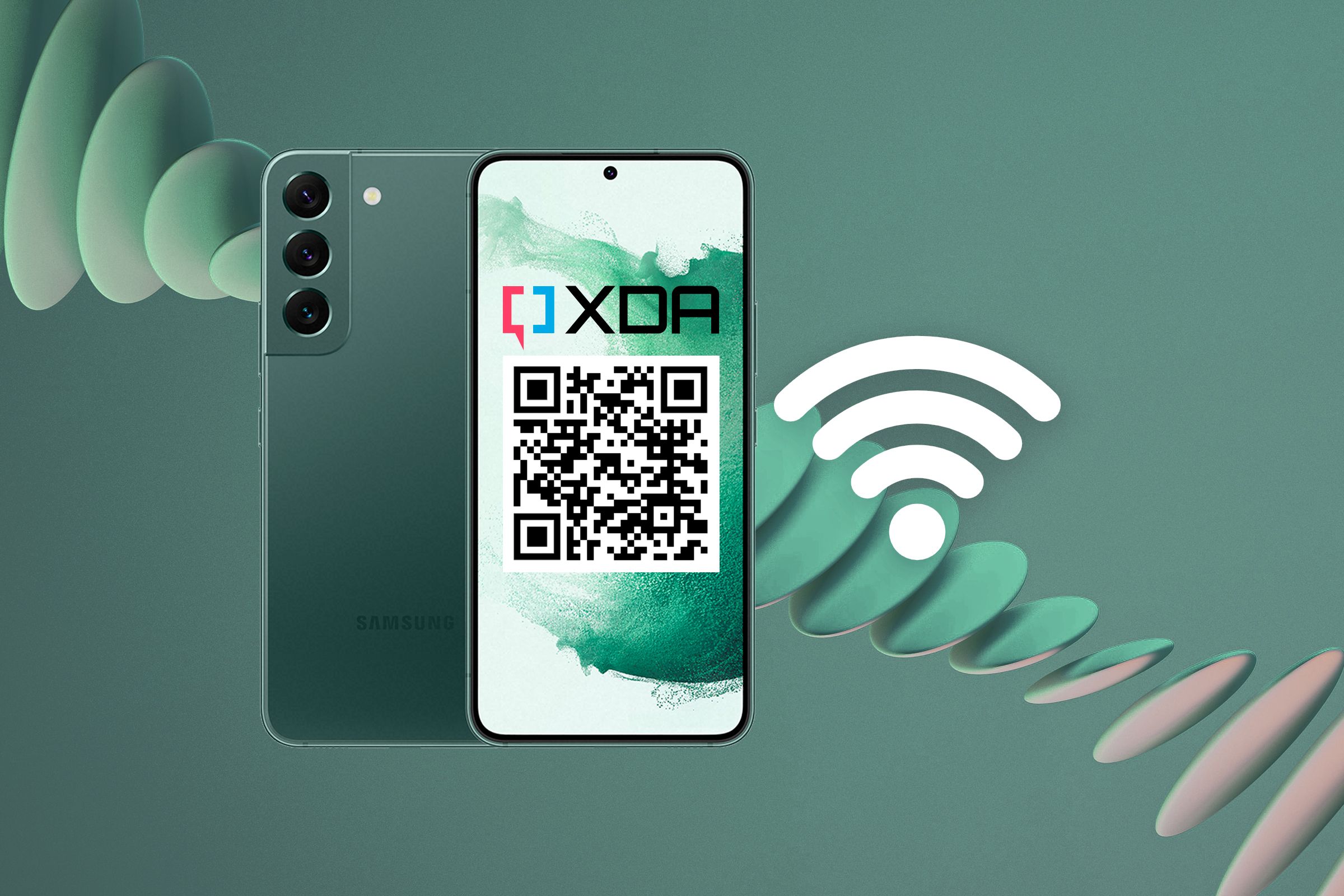 A render of the Samsung Galaxy S22 showing the XDA logo and a QR code to illustrate Wi-Fi password sharing features in Android.