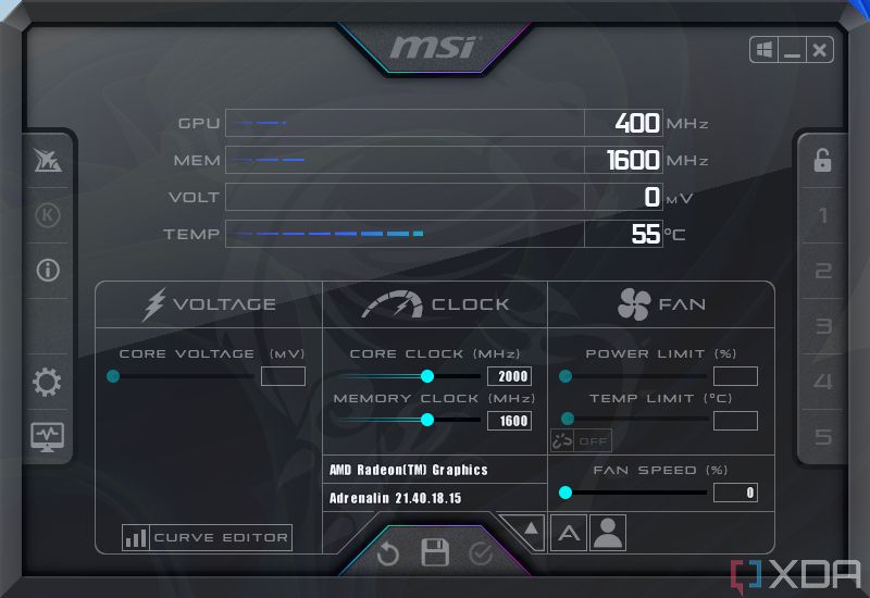 Screenshot of MSI Afterburner showing GPU benchmarks and settings