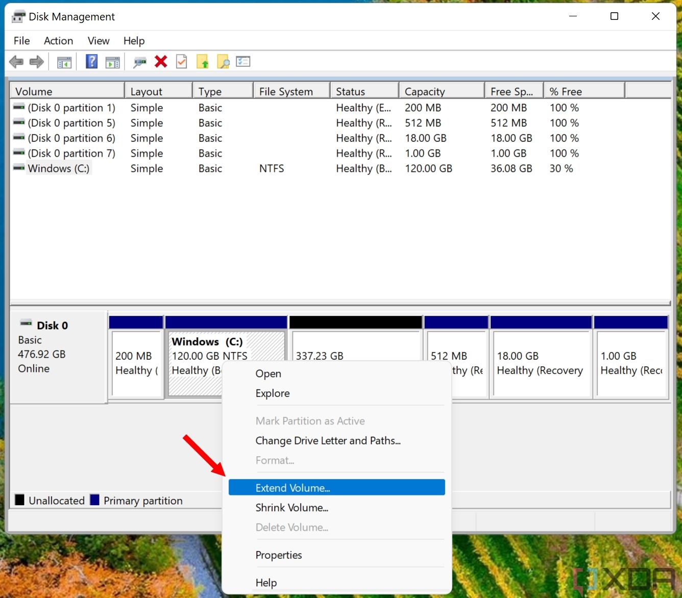 Screenshot of Disk Management in Windows 11 showing a context menu with 