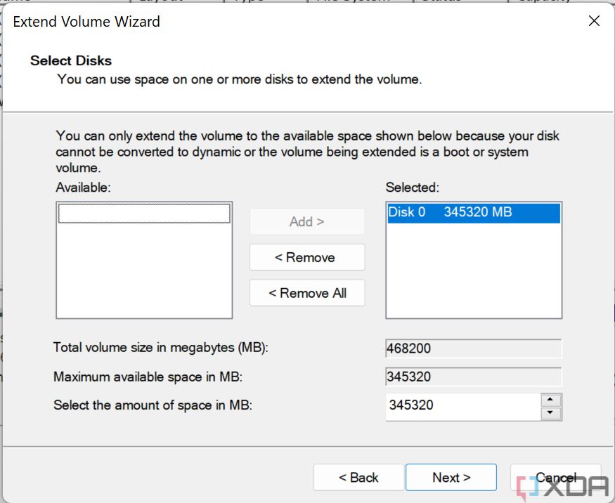 Screenshot of the Extend Volume wizard in Windows 11, where the user chooses how much storage to add to the selected volume