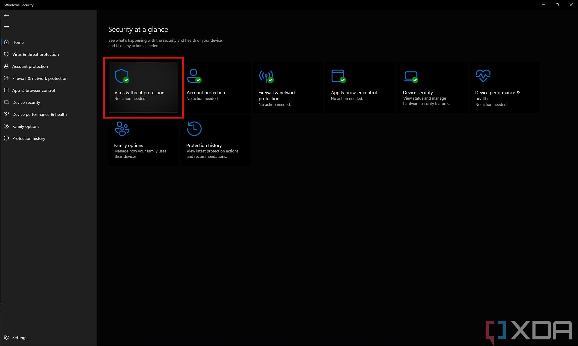 Screenshot of the Windows Security app with the Virus & threat protection button highlighted